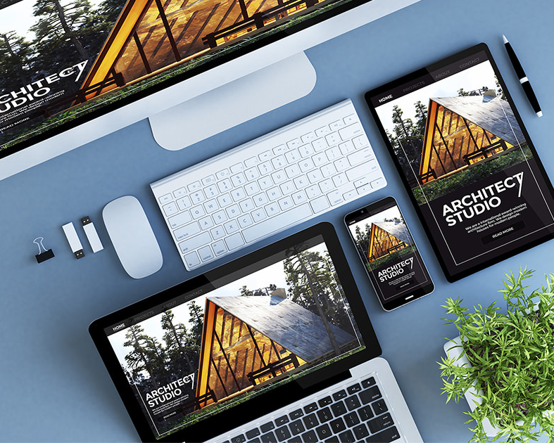 iMac, Macbook, iPad, iPhone, Tastatur auf einer blauen Unterlage; Alle Devices zeigen die selbe Architektur-Website.