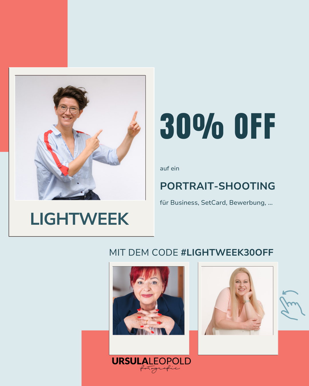 Infokarte der Lightweek mit Text 30% off auf Portrait-Shooting für Business, SetCards oder Bewerbungen