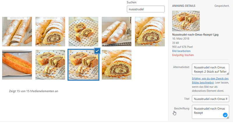 Bilder-SEO: Nussstrudel 10 Bilder-SEO: Ansicht Wordpress-Mediathek mit Beschreibung des Einzelbildes