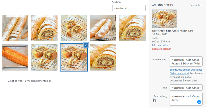 Bilder-SEO: Ansicht Wordpress-Mediathek mit Beschreibung des Einzelbildes